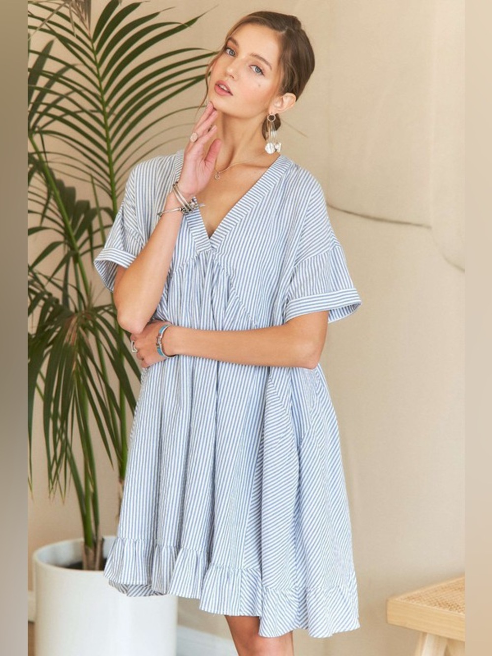 ADORA Ruffled Hem Striped V-Neck Babydoll Dress